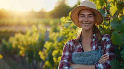 Fototapete Rund Beautiful smiling female farmer with folded hands standing in front of blurred vineyard © boxstock production