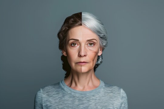 Aging skin examination. Comparison young to old woman fruit facial. Less Wrinkles, face expression, age spot, lines through skincare, anti aging cream, preventive healthcare and face lift