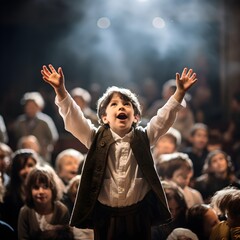 A young boy performs onstage during a school play - generative AI