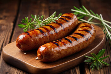 Delicious grilled sausages. Served with herbs and spices on rustic wooden background. Perfect BBQ option.