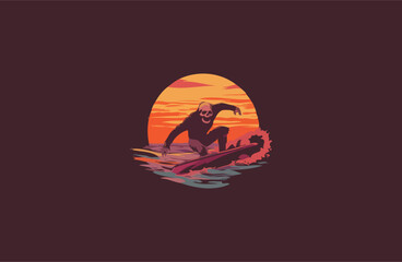 Skull playing surfing on sea sunset vector illustration design