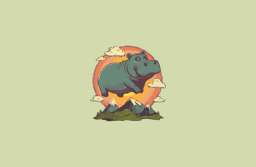Flying hippo on mountain vector design illustration