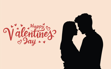 Happy Valentine's Day typography. Couple silhouette in hart shape. vector illustration