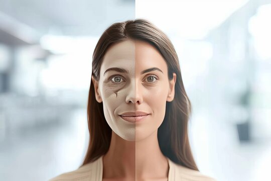 Aging concentration. Comparison young to old woman alzheimers care. Less Wrinkles, thinning eyebrows, toner, lines through skincare, anti aging cream, awakening and face lift