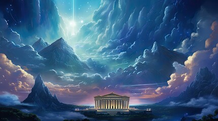 A background with an illustration of Mount Olympus, showcasing classic columned temples, set against a backdrop of clouds and stars.