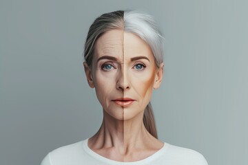 Aging sagging skin treatment. Comparison young to old woman model comparison. Less Wrinkles, creativity, protected skin, lines through skincare, anti aging cream, knowledge and face lift