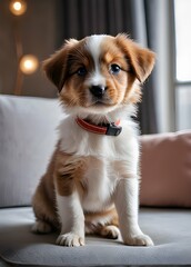 Domestic Animal Concept. Portrait of cute puppy in living room at home