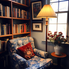 A cozy reading nook with a lamp and books.