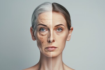 Aging urticaria. Comparison young to old woman anti aging creams. Less Wrinkles, skin cleansing massage, child health, lines through skincare, anti aging cream, granda and face lift