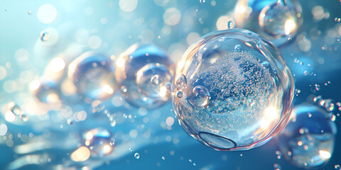 A microscopic molecule of a cosmetic essence liquid suspended within a translucent bubble, its form and composition indicative of the intricate chemistry at the heart of beauty products