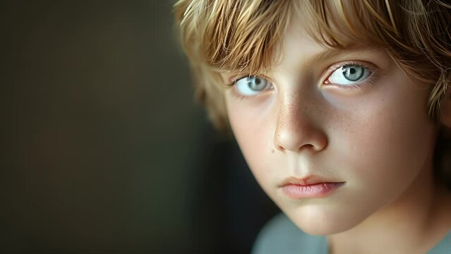 A young boy with a confused expression struggling to understand the complexities of religion and spirituality, Close up of Young Boy With Blue Eyes