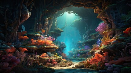 A vibrant coral reef landscape that serves as a home for various marine species, backed by mysterious underwater caves.