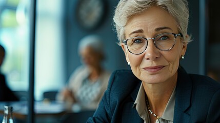 Portrait of an active senior elderly businesswoman during a meeting in the office. The senior businesswoman's sharp analytical skills and attention to detail make her an invaluable asset to the team. - obrazy, fototapety, plakaty