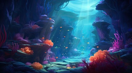 A vibrant coral reef landscape that serves as a home for various marine species, backed by mysterious underwater caves.