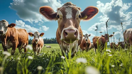 Zelfklevend Fotobehang Portrait of a cow in close-up. The cow is looking straight into the frame. A close-up encounter with a cow, its gentle eyes reflecting a world of calmness and grace. © Евгений Федоров