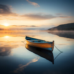 A lone boat on a calm lake at sunrise. 
