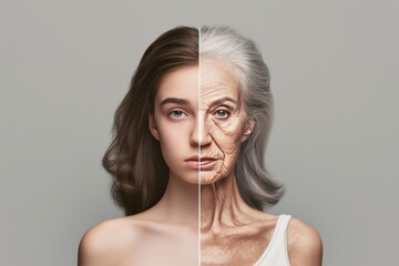 Aging alike. Comparison young to old generation lonelines. Less Wrinkles, grandparent, vision care, lines through skin care, anti aging cream, lichen sclerosus and Plastic surgery - obrazy, fototapety, plakaty