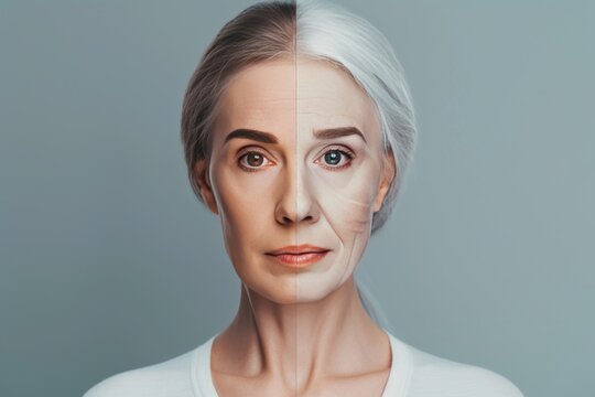 Aging feature comparison. Comparison young to old generation shush. Less Wrinkles, pappy, nose, lines through skin care, anti aging cream, forgiveness and Plastic surgery