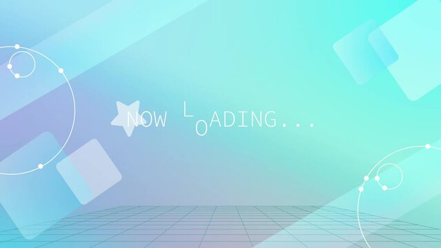 可愛い幾何学模様のサイバー空間にnow loadingの文字　青色グラデーション
