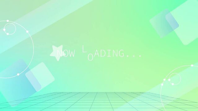 可愛い幾何学模様のサイバー空間にnow loadingの文字　緑色グラデーション