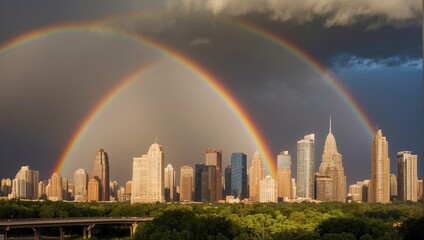 Fototapeta premium A panoramic cityscape view under the magical glow of a double rainbow following a storm, with skyscrapers reflecting the myriad of colors Generative AI