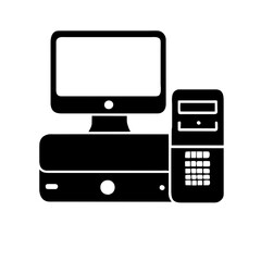 Computer set icon. Motherboard, monitor, system unit, desktop, screen, processor, cpu, work place, laptop, pc working, office. Vector icon in line, black and colorful style on white background