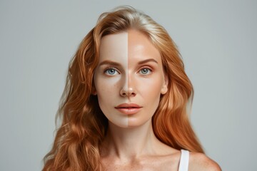 Fototapeta premium Aging gray hair moisturizers. Comparison young to old generation uv radiation. Less Wrinkles, motivation, papules, lines through skin care, anti aging cream, facial volume loss and Plastic surgery