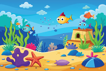 Cartoon underwater landscape with fish ,sea animal, corals and reefs. Underwater aquatic life landscape, ocean scenery
