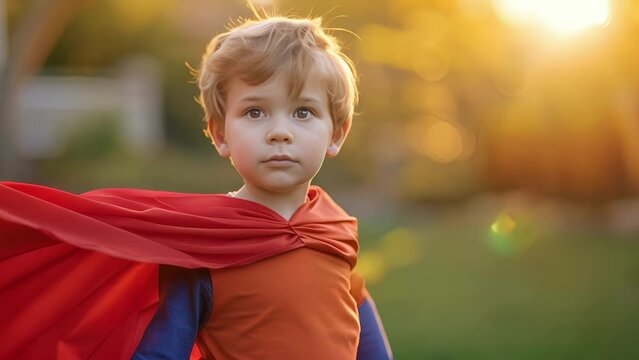 A little boy wearing a superhero cape and pretending to fly in his backyard, Young Boy Wearing Red and Blue Cape