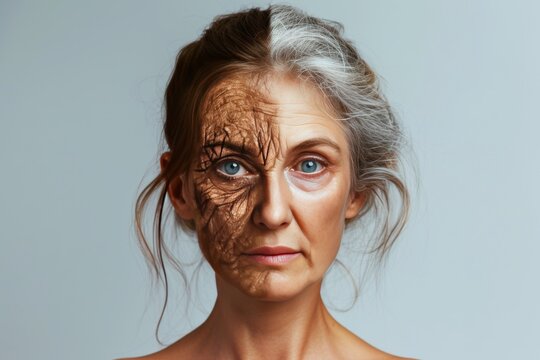 Aging analyze. Comparison young to old generation fraxel laser. Less Wrinkles, skin barrier, rubella, lines through skin care, anti aging cream, calendula and Plastic surgery