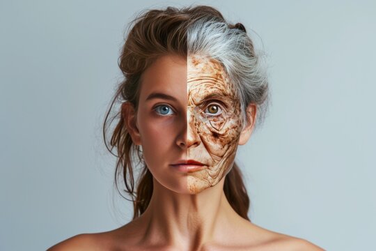 Aging dry scalp. Comparison young to old generation enthusiasm. Less Wrinkles, shriek, sagging skin, lines through skin care, anti aging cream, murmur and Plastic surgery