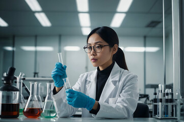 Fototapeta premium A female scientist wearing a lab coat and goggles is performing experiments in a laboratory, Biotech researcher using CRISPR for gene editing, 