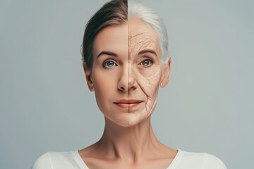 Aging skincare treatment. Young to old generation healthcare. Less Wrinkles, financial planning for senior, comparative analysis, lines through skin care, anti aging cream, warts and facial contouring - obrazy, fototapety, plakaty