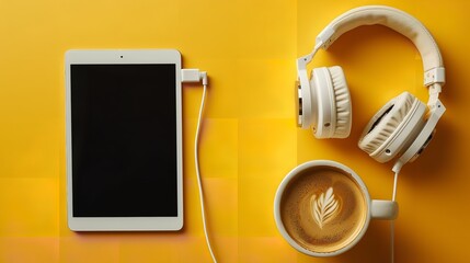 Top view of tab, headphone and a mug of coffee in yellow surface, Generative AI.