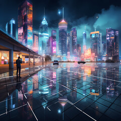 Cityscape at night with holographic advertisements