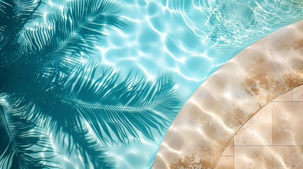 Upward image of travertine stone coupled with palm shadows and swimming pool water space, Generative AI. - obrazy, fototapety, plakaty