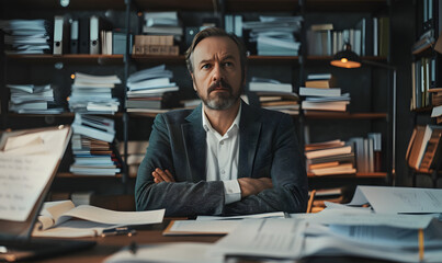 Desperate or sad middle aged businessman sitting pensively behind his desk in the office , ...