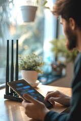 Wireless router and young caucasian man using a Tablet in home. Router wireless broadband home laptop, computer, phone. Wifi concept.