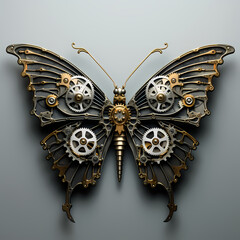 Mechanical butterfly with intricate metal wings. 