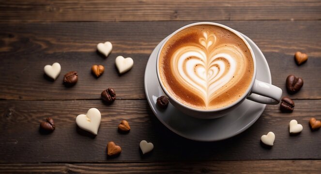 Cup of coffee latte art on wooden background with heart shape latte