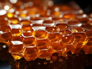 Golden honey and honeycombs close-up shot. Natural products background, sweet bio organic food