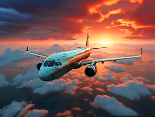 Passenger airplane flies in blue sky with dramatic sunset clouds. Concept of airline companies, travel, plane transportation, freedom of travelling