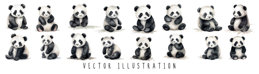 watercolor Panda bear set collection hand painted watercolor illustration isolated on white background. Vector set of animals. vector illustration
