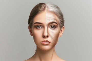 Aging hollowed cheeks. Young to old generation mycosis fungoides. Less Wrinkles, taste and smell changes, prebiotic serum, lines through skin care, anti aging cream, dna damage and facial contouring - obrazy, fototapety, plakaty
