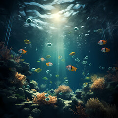 Surreal underwater scene with floating objects. 