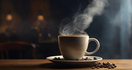 Fototapeta premium cup of coffee on the table with smoke