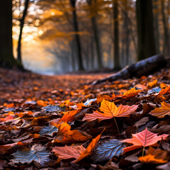 Naklejka na ściany i meble Vibrant autumn leaves on a forest floor. 