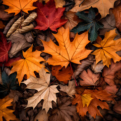 Naklejka na ściany i meble Vibrant autumn leaves on a forest floor. 
