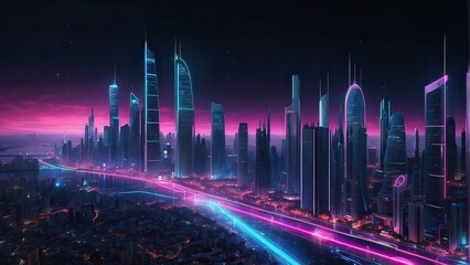 Fototapeta na wymiar cityscape with neon light effect and space. futuristic, scientific, high-tech, and modern technological notion.