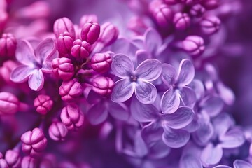 Naklejka na ściany i meble Macro image of spring lilac violet flowers, abstract soft floral background. generative ai.